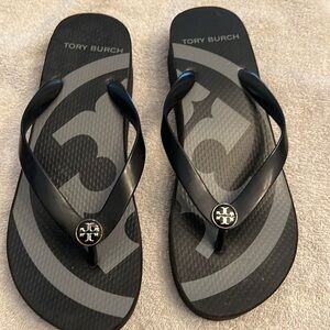 Tory Burch black wedge flip flops size 7 1/2 excellent condition